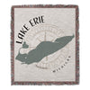 Throw blanket with Lake Erie map, compass rose, and "LAKE ERIE MICHIGAN" text.