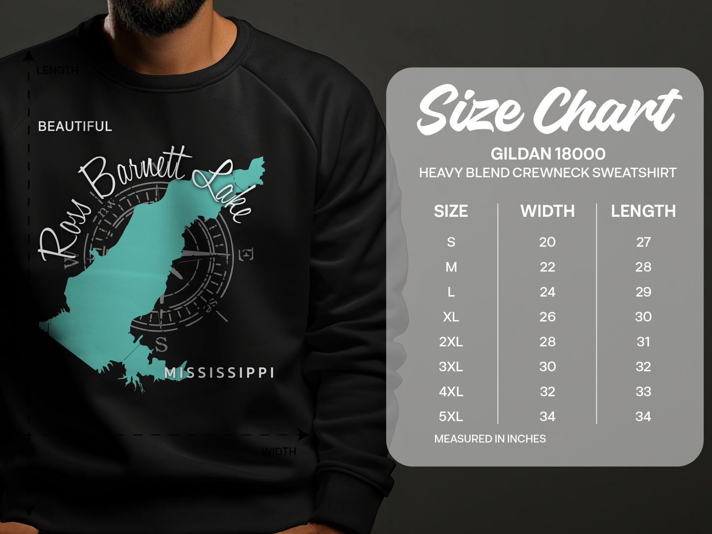 Size chart for Gildan 18000 crewneck sweatshirt with Mississippi outline.