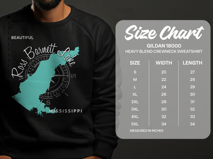 Size chart for Gildan 18000 crewneck sweatshirt with Mississippi outline.
