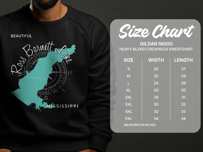 Size chart for Gildan 18000 crewneck sweatshirt with Mississippi outline.