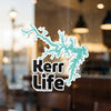 Kerr Life sticker with teal lake outline and copyright text.