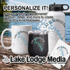 White mug, black tumbler, and white water bottle with "Lake Tuscaloosa" compass design.