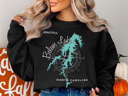 Black sweatshirt with "Beautiful Below Lake" compass design and "North Carolina" text.