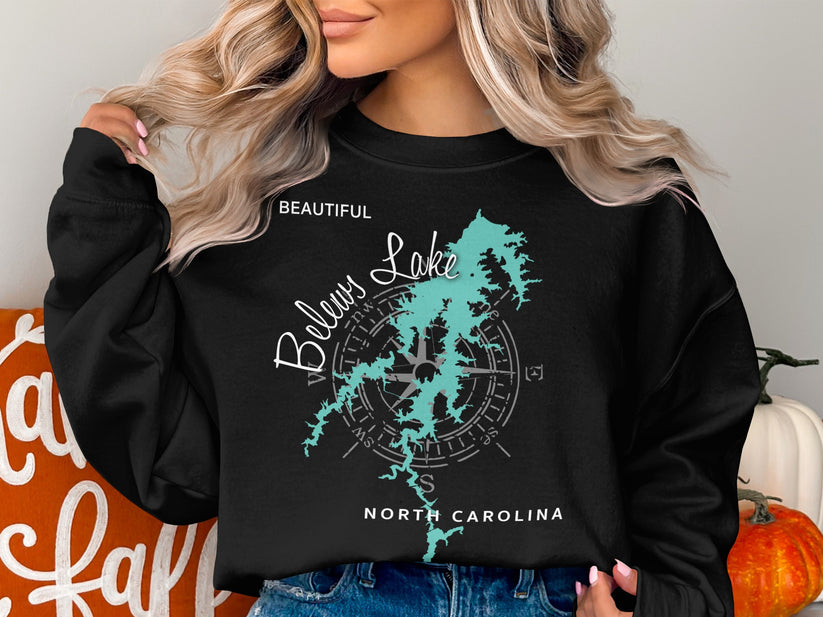 Black sweatshirt with "Beautiful Below Lake" compass design and "North Carolina" text.