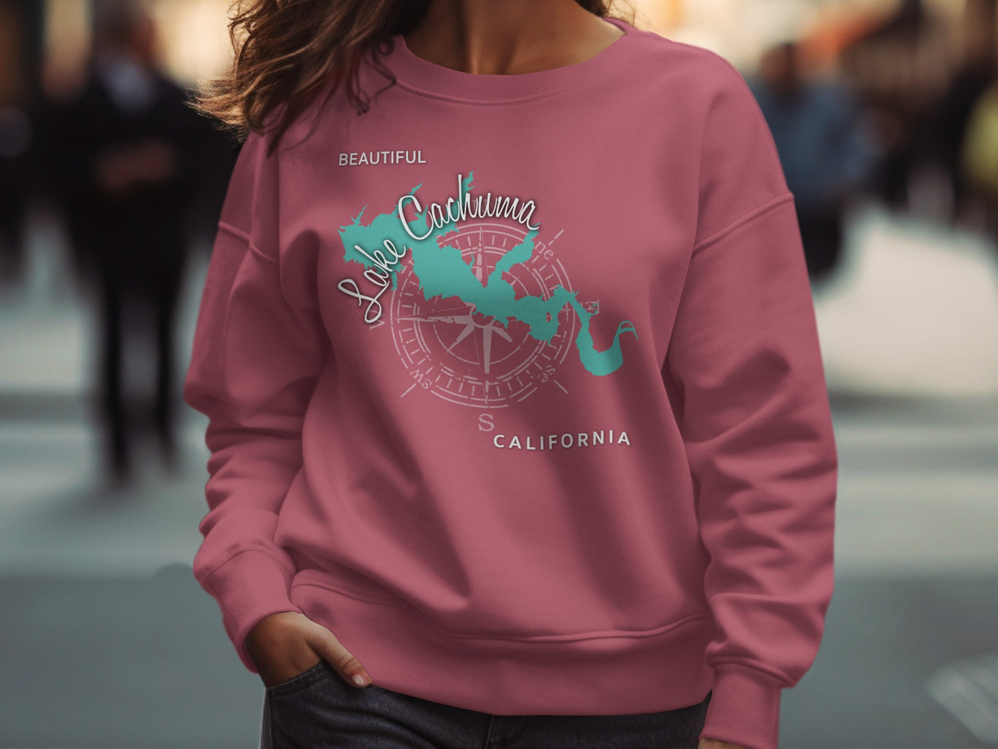 Dusty rose sweatshirt with "Lake Cachuma California" and compass graphic.
