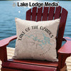 Pillow with "Lake of the Ozarks Missouri" text and compass design on Adirondack chair.