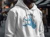 White hoodie featuring a blue Texas map outline of Lake Tawakoni.
