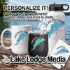 White mug, black tumbler, and white water bottle with "American Lake" design.