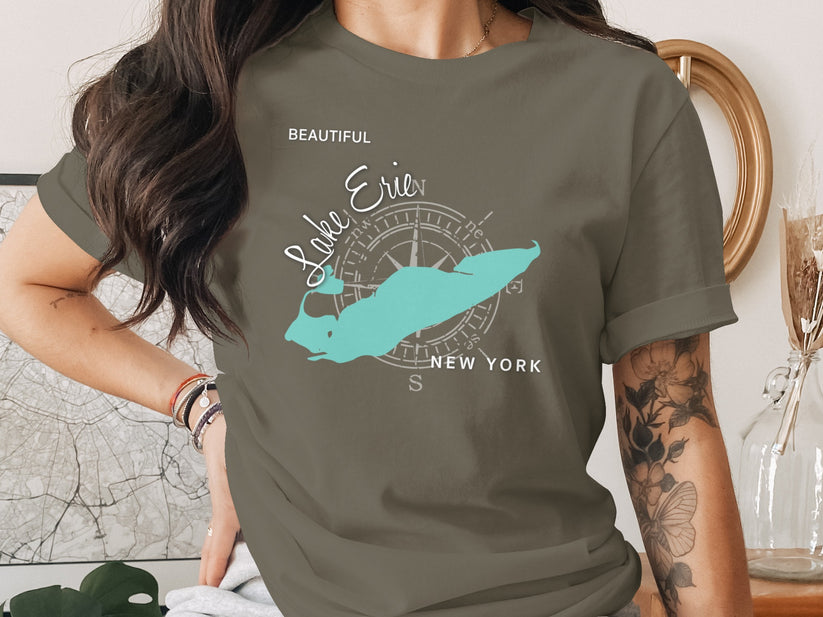 Teal Lake Erie map graphic on a grey t-shirt.