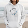 White hoodie with Apache Lake Arizona compass and map graphic.