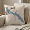 Cushion with Bass Lake California map design, compass rose, and copyright text.