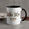 White mug with black interior and handle, featuring "Lake Life" made of nautical items and "Lake Huron Michigan" text.