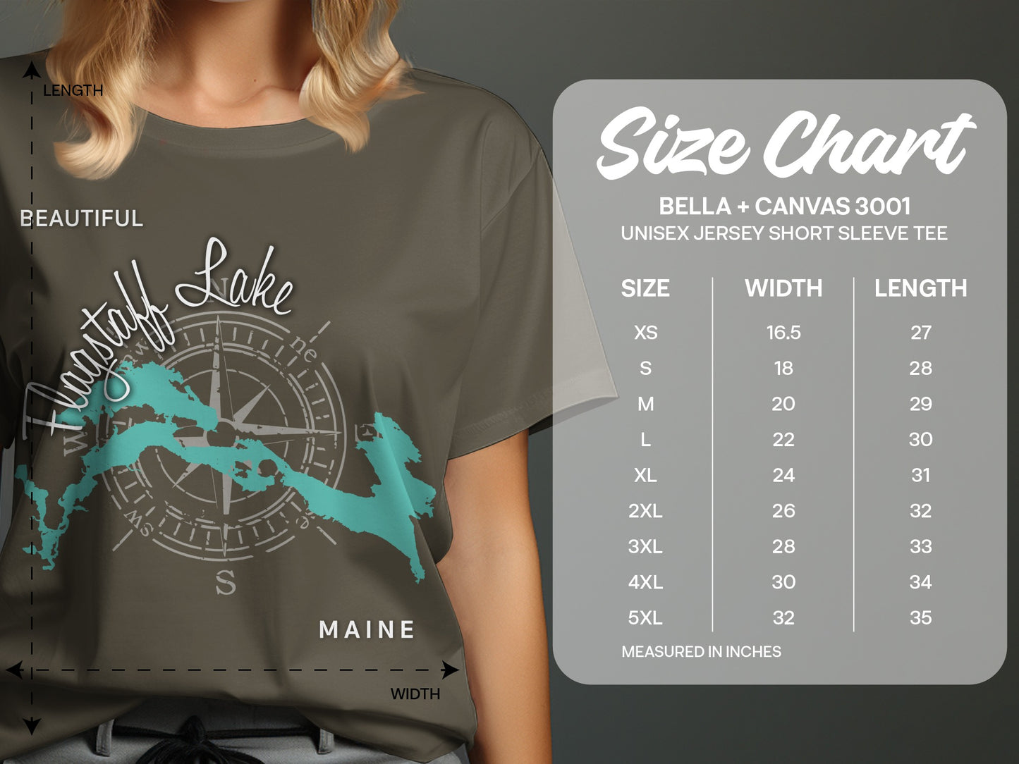 T-shirt with Flagstaff Lake map and compass, on a size chart with measurements.