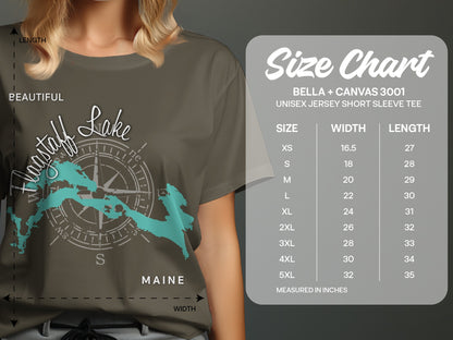 T-shirt with Flagstaff Lake map and compass, on a size chart with measurements.
