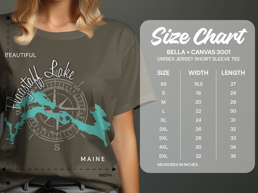 T-shirt with Flagstaff Lake map and compass, on a size chart with measurements.