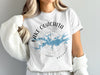 White t-shirt with blue Lake Ouachita map, compass, and Arkansas text.