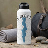 White water bottle with blue lake silhouette, compass, and "Lake Rock" text.