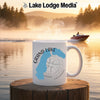 White mug with "Grand Lake Colorado" and map graphic, steamy background.