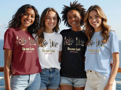 Four women wear t-shirts with "Balsam Lake Ontario" and nautical graphics.