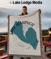 Tapestry blanket featuring a teal map of Lake Almanor, California with text.