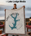 Man holding a blanket with Lake Lurleen and Alabama map design.