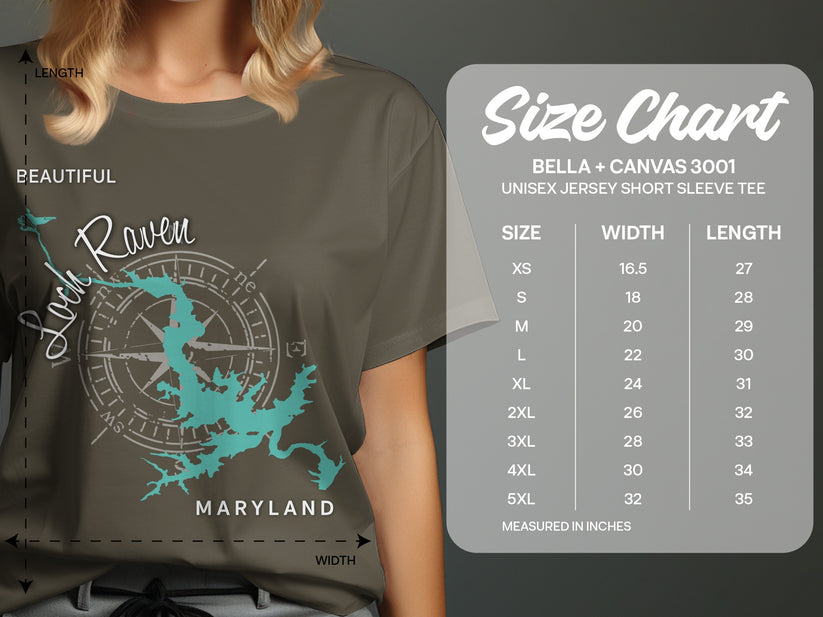 Unisex tee size chart for Bella + Canvas 3001 short sleeve tee.