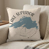 Pillow with Lake Superior map, compass rose, and "Wisconsin" text.