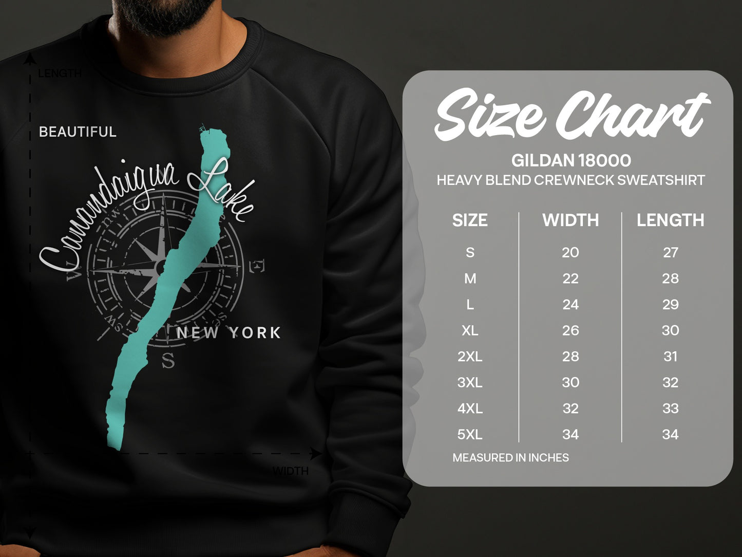 Canandaigua Lake graphic on dark sweatshirt with size chart for Gildan sweatshirt.
