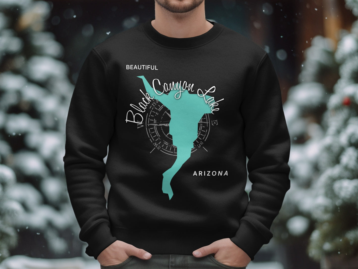 Black Canyon Lake Arizona map graphic on black crewneck sweatshirt.