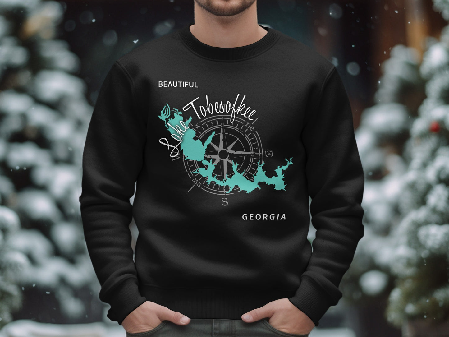 Black sweatshirt with Lake Tobesofkee Georgia map and compass design.