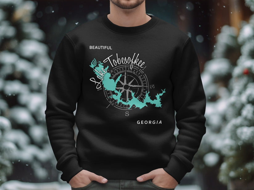 Black sweatshirt with Lake Tobesofkee Georgia map and compass design.