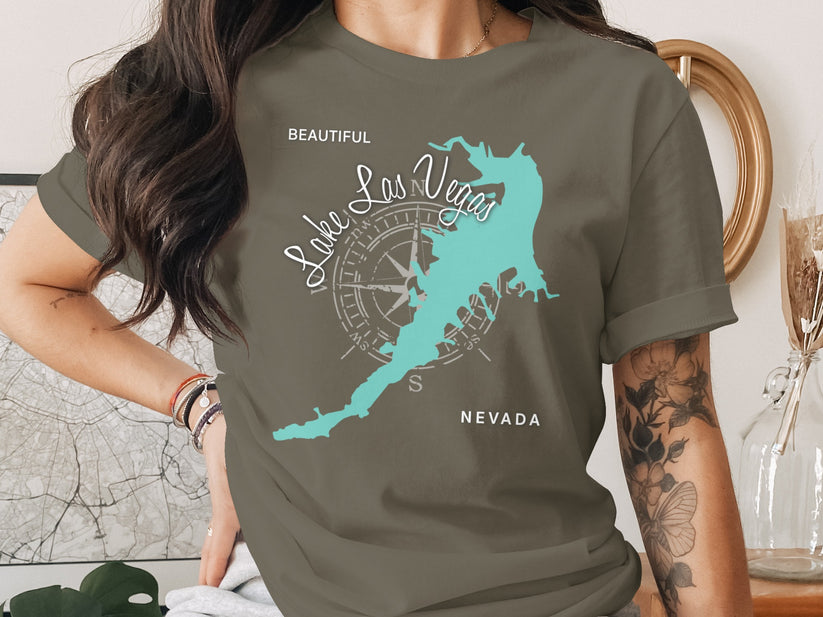 Green t-shirt with "Beautiful Lake Las Vegas Nevada" and compass graphic.