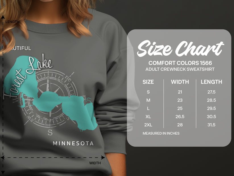 Size chart for Comfort Colors 1566 adult crewneck sweatshirt.