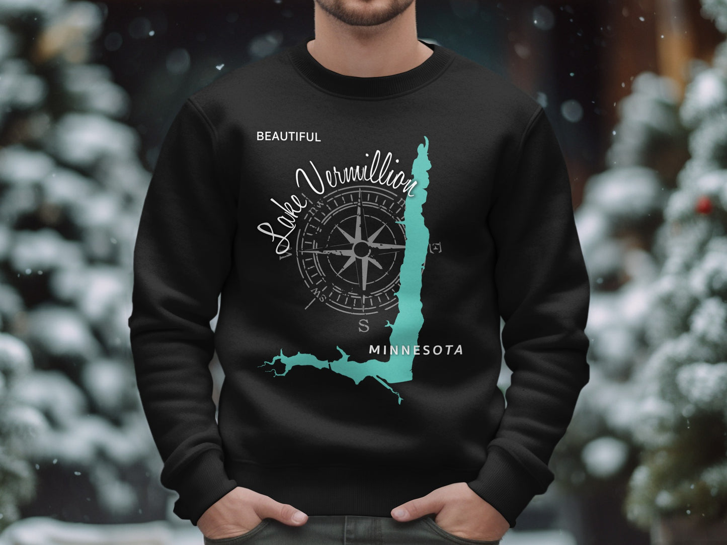 Black sweatshirt with Lake Vermilion Minnesota map and compass design.