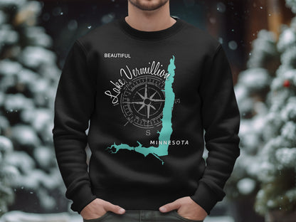 Black sweatshirt with Lake Vermilion Minnesota map and compass design.