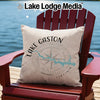 Pillow on red chair displays "Lake Gaston Virginia" with compass and map outline.