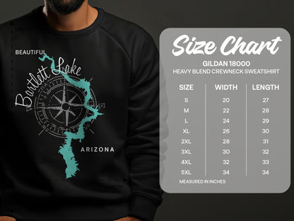 Crewneck sweatshirt size chart for Gildan 18000 with Bartlett Lake graphic.
