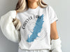 White t-shirt with blue Carlyle Lake Illinois map and compass design.