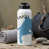 White water bottle with blue map and "SIMCOE ON" text, next to a rolled towel and duffel bag.