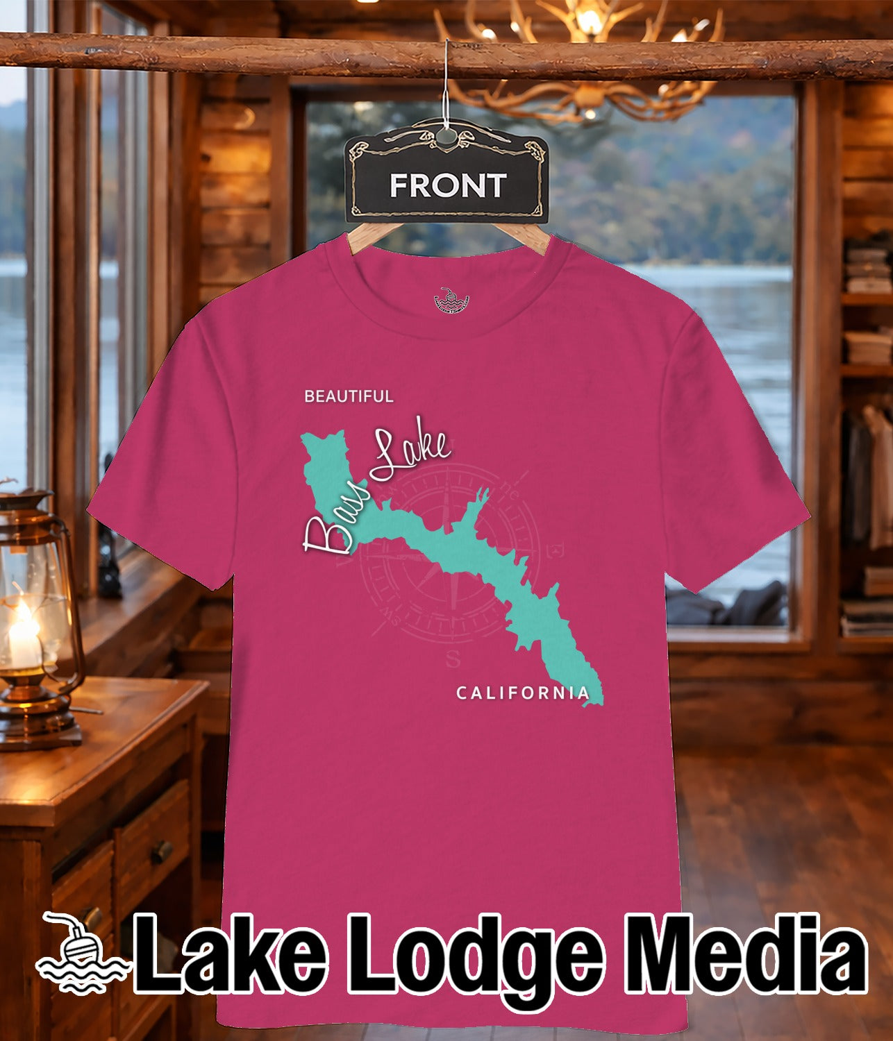 Pink t-shirt with a compass rose and "Bass Lake California" graphic.