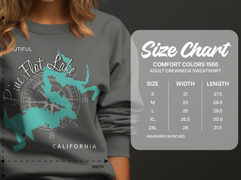 Pine Flat Lake California sweatshirt size chart with measurements.