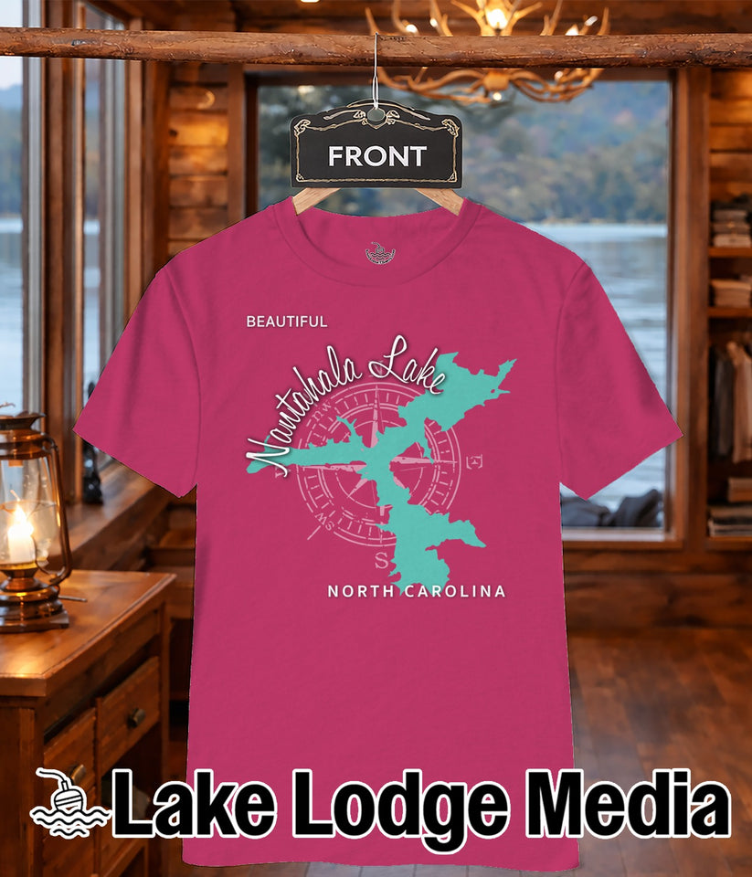 Pink t-shirt with Nantahala Lake, NC map and compass graphic.