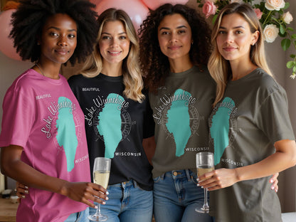 Four women in t-shirts with a Lake Winnebago, Wisconsin graphic.