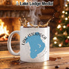 White mug with Lake Istokpoga, Florida map design and coffee splash.