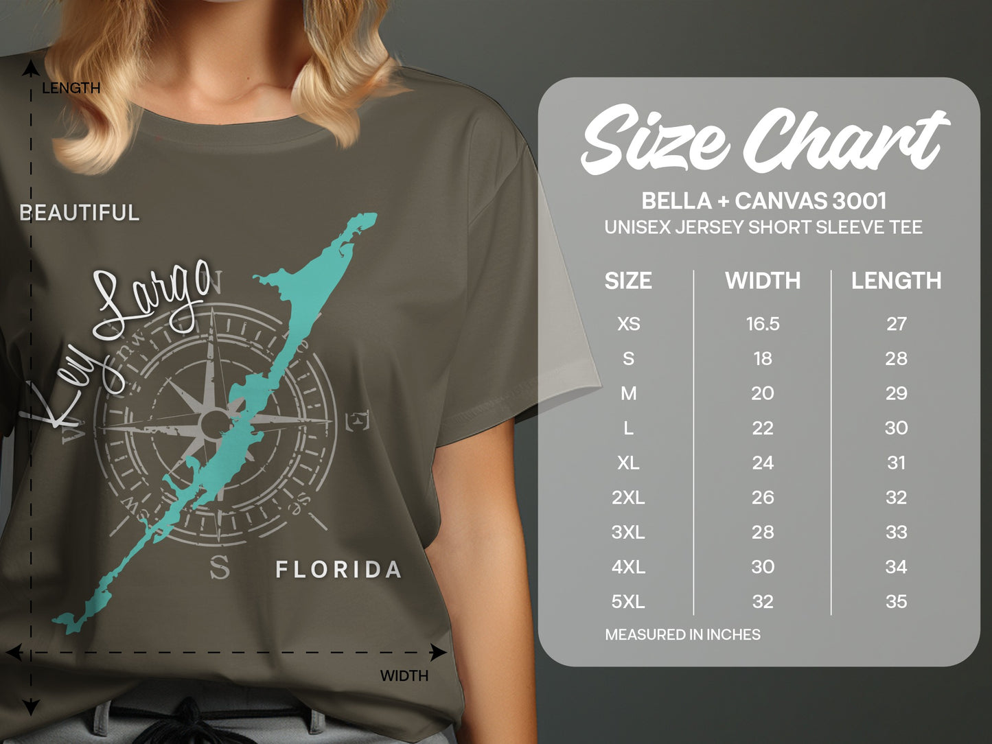 T-shirt size chart with measurements and a Key Largo Florida graphic.