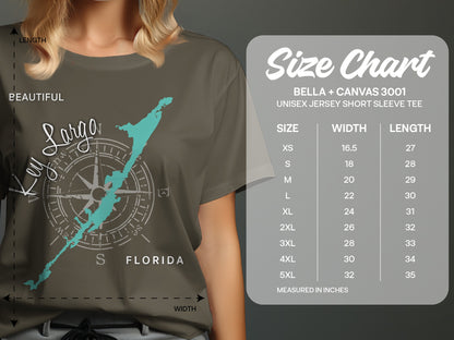 T-shirt size chart with measurements and a Key Largo Florida graphic.
