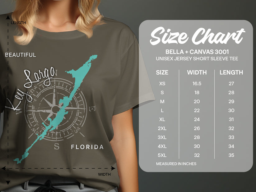 T-shirt size chart with measurements and a Key Largo Florida graphic.