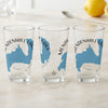 Three glasses display "Mendenhall Lake Alaska" with a blue map outline and compass rose.