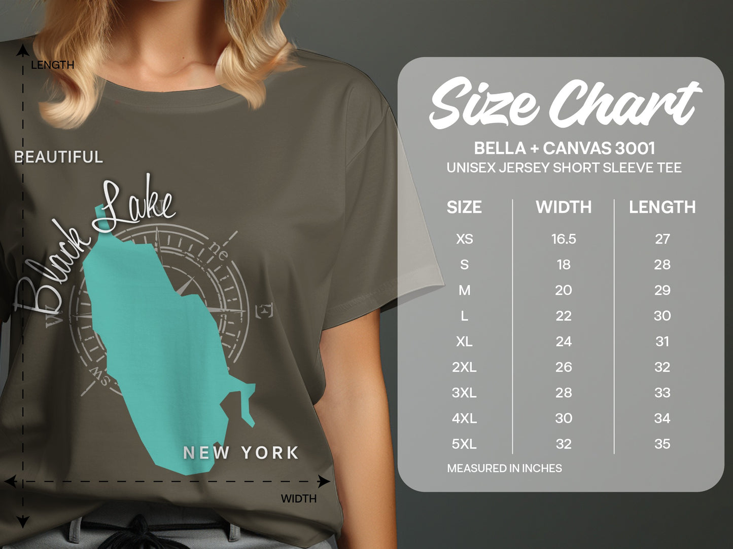 Size chart for Bella + Canvas 3001 t-shirt, with size, width, and length.