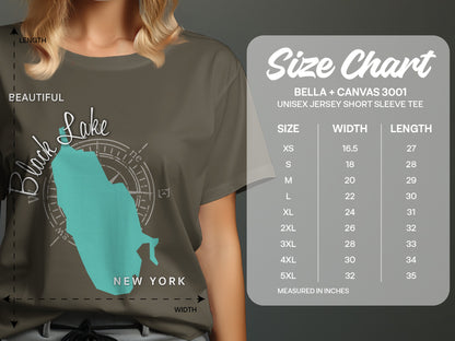 Size chart for Bella + Canvas 3001 t-shirt, with size, width, and length.